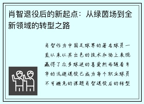 肖智退役后的新起点：从绿茵场到全新领域的转型之路